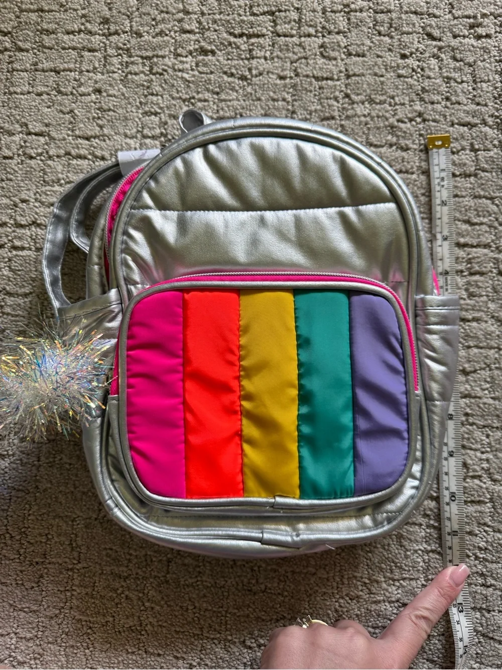 Silver Kids Mini Backpack with Rainbow Front Pocket NWOT Colorful Sparkly Shiny